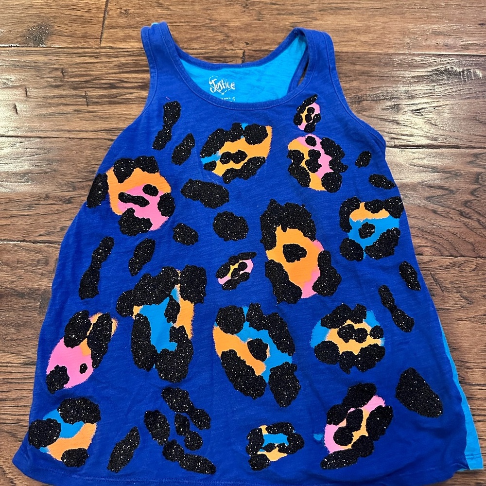 Justice Blue Tank Top with Colorful Leopard Print